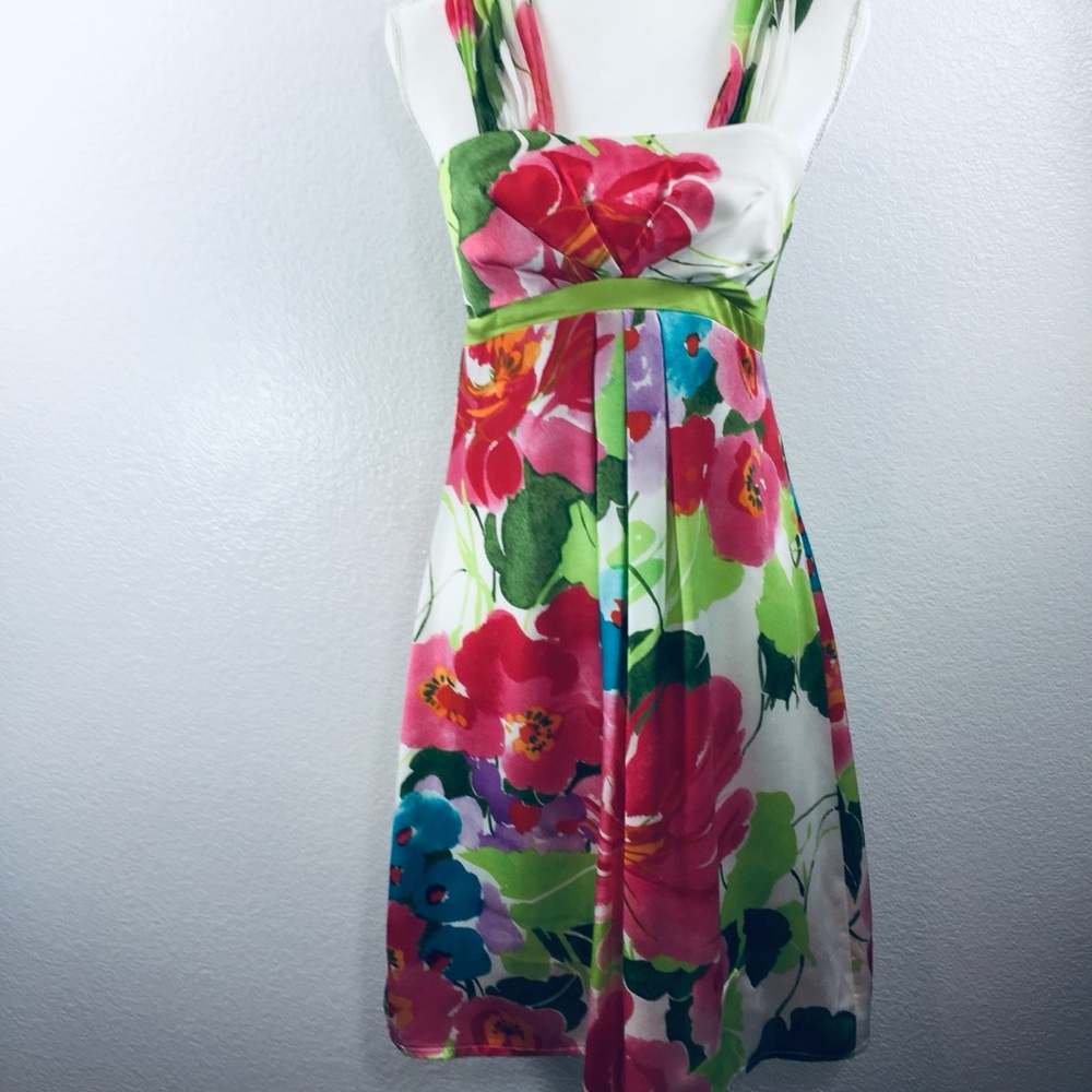 Vintage Cache 100% Silk Floral Dress Empire Waist Off the Shoulder Chiffon Sz 4